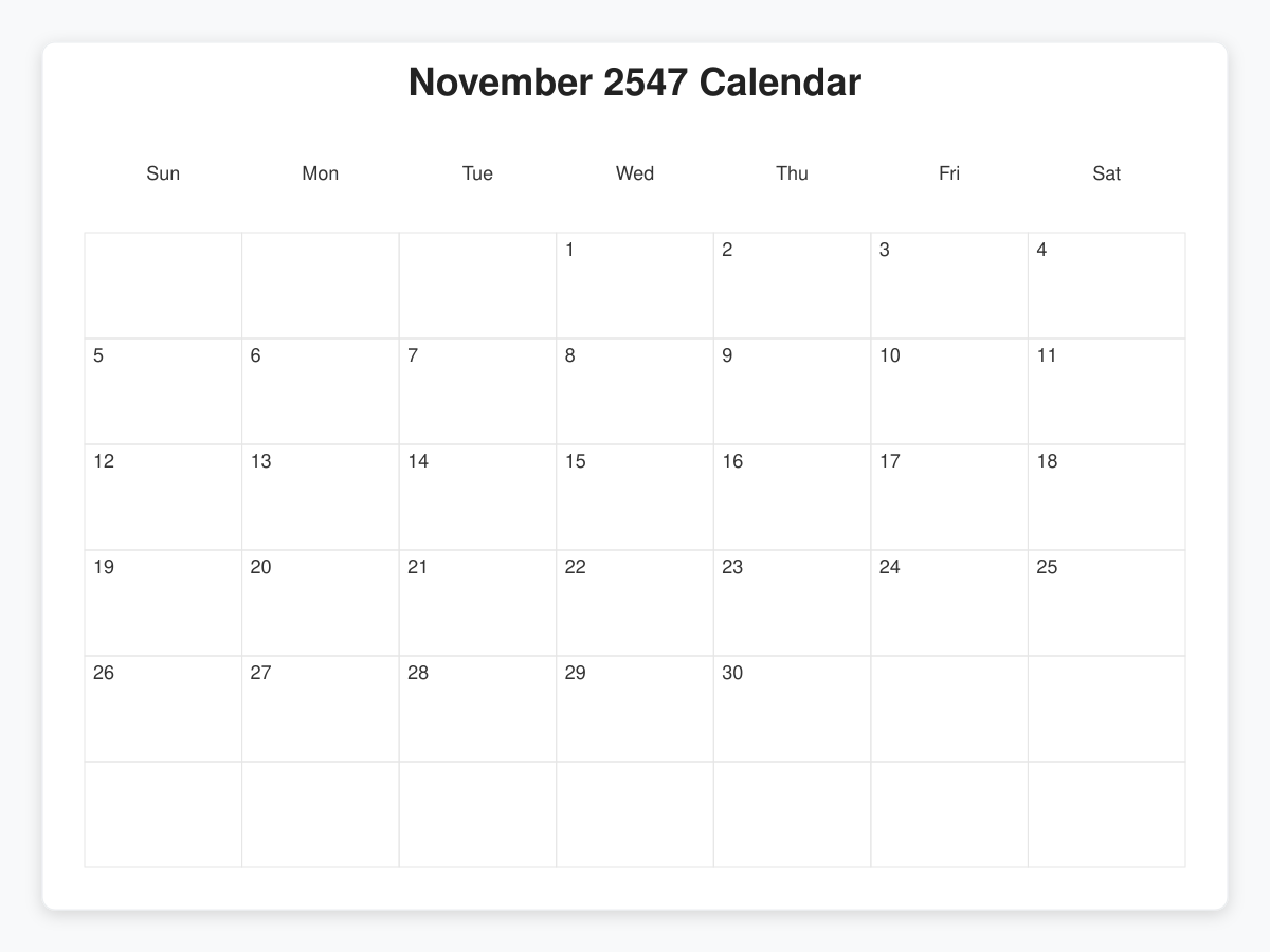 Printable November 2547 Calendars