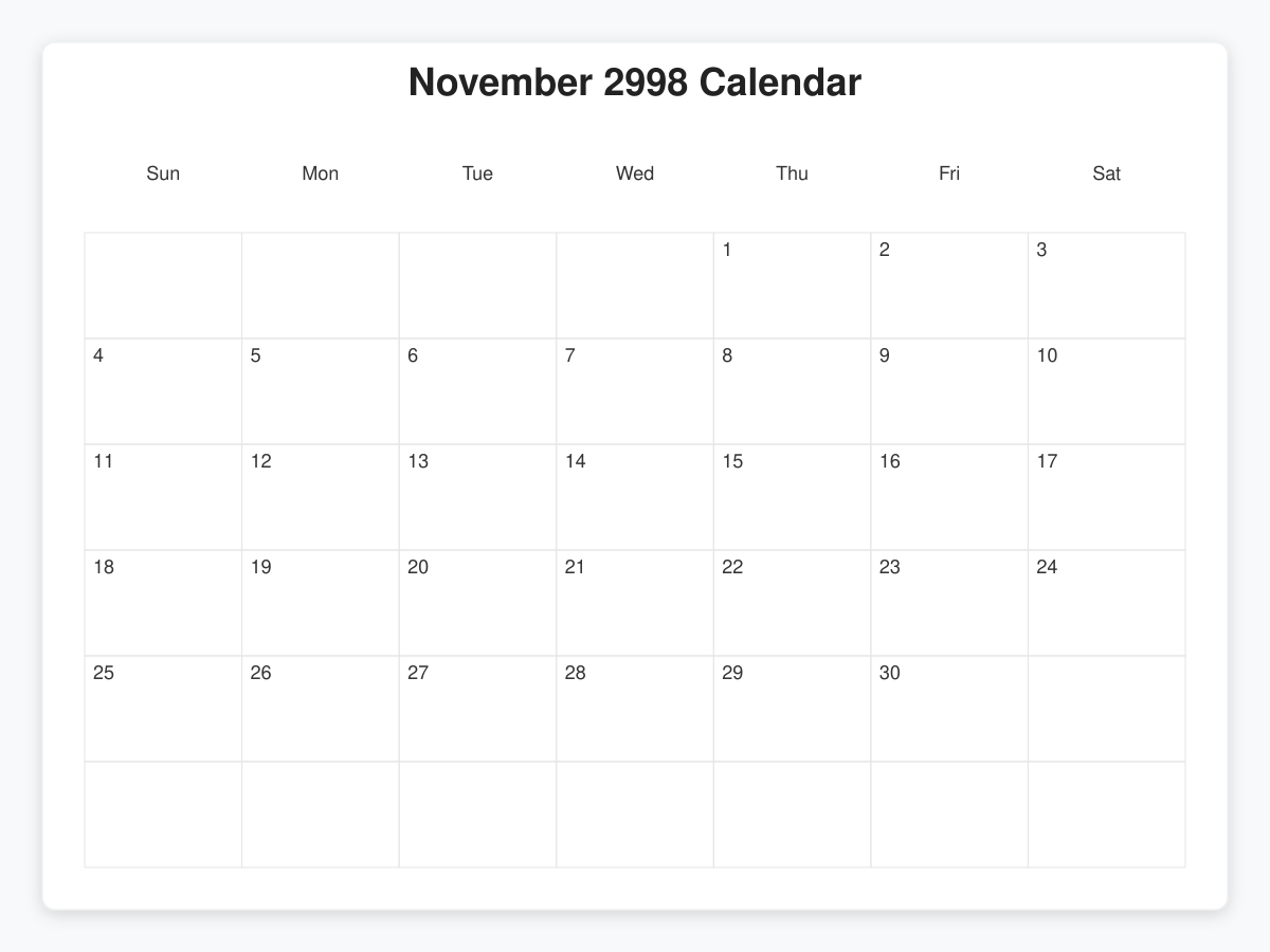 Printable November 2998 Calendars