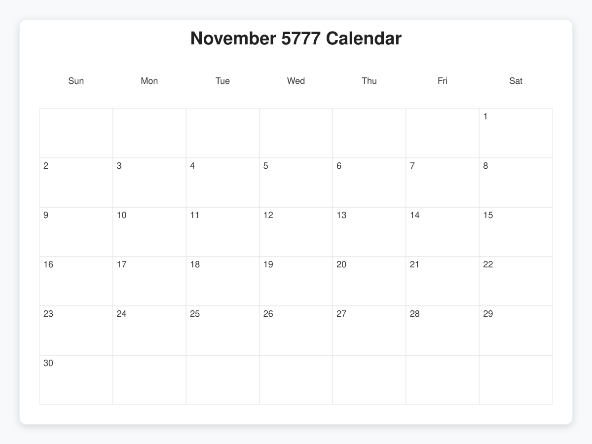 Printable November 5777 Calendars
