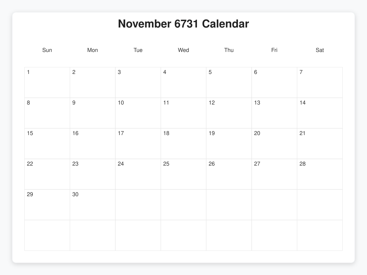 Printable November 6731 Calendars