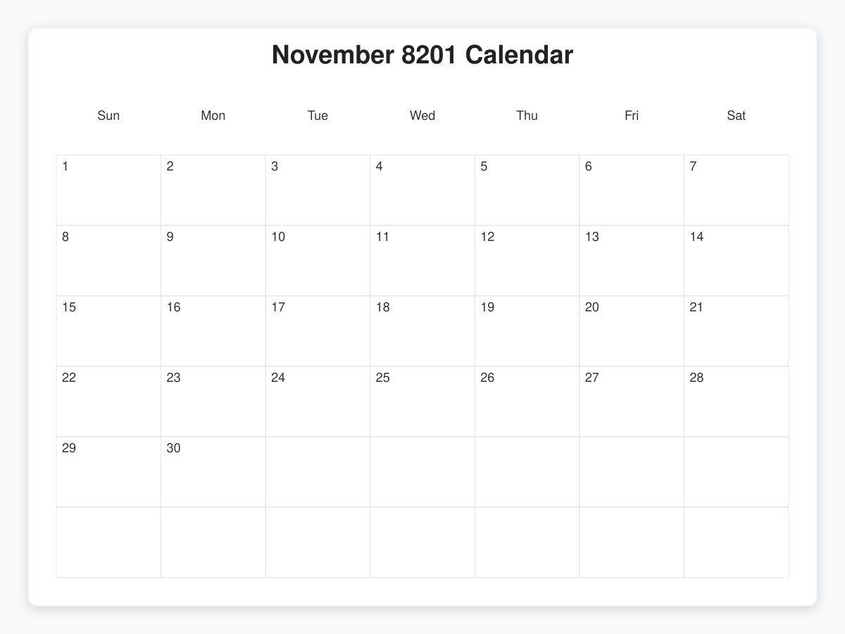 Printable November 8201 Calendars