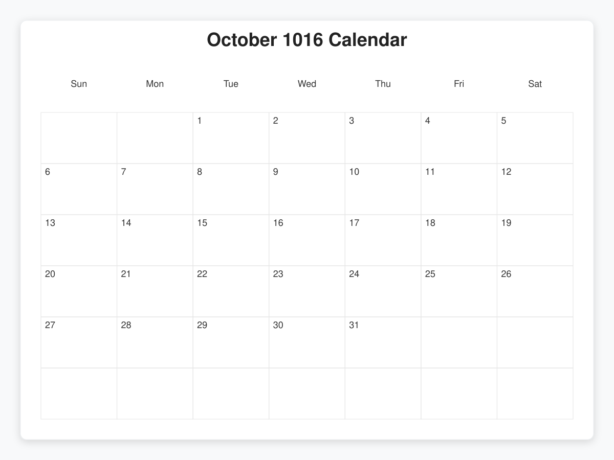 Printable October 1016 Calendars