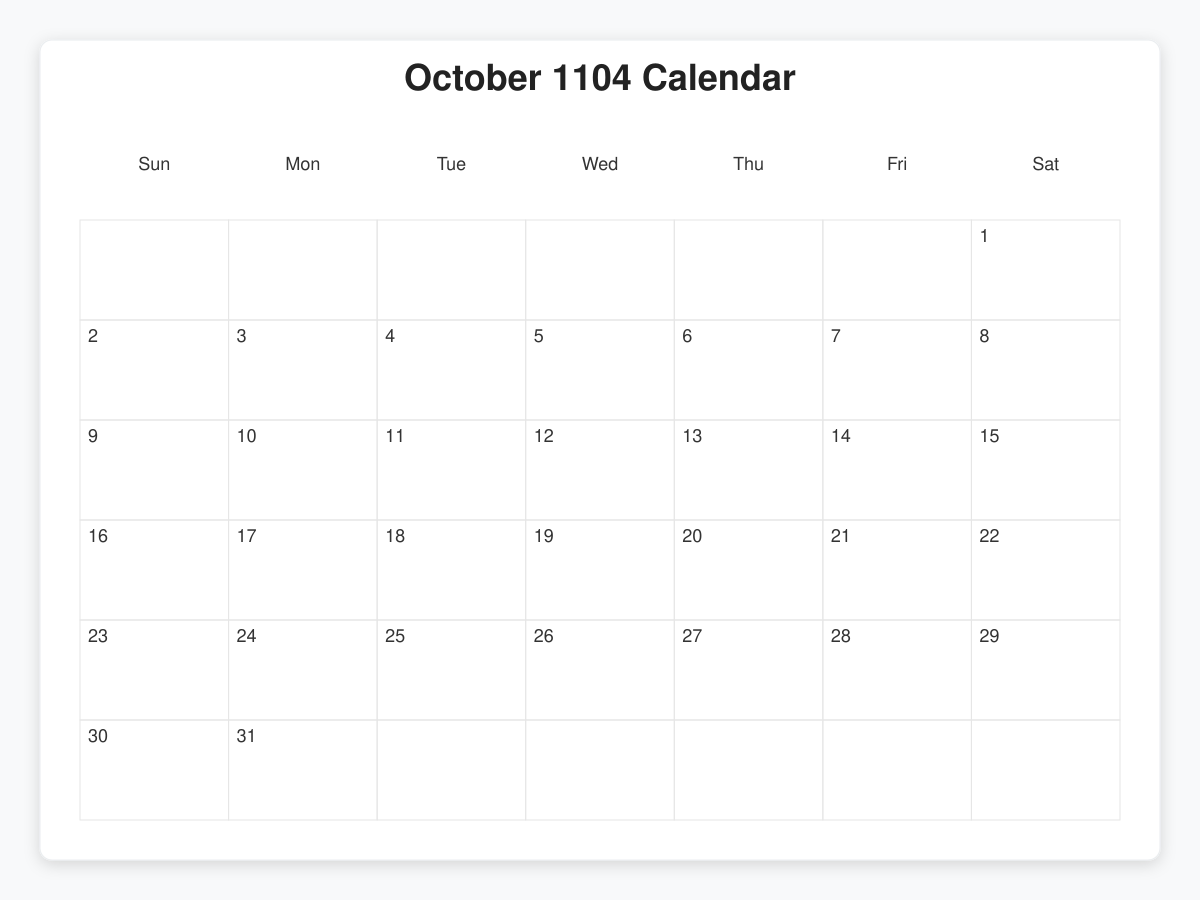 Printable October 1104 Calendars