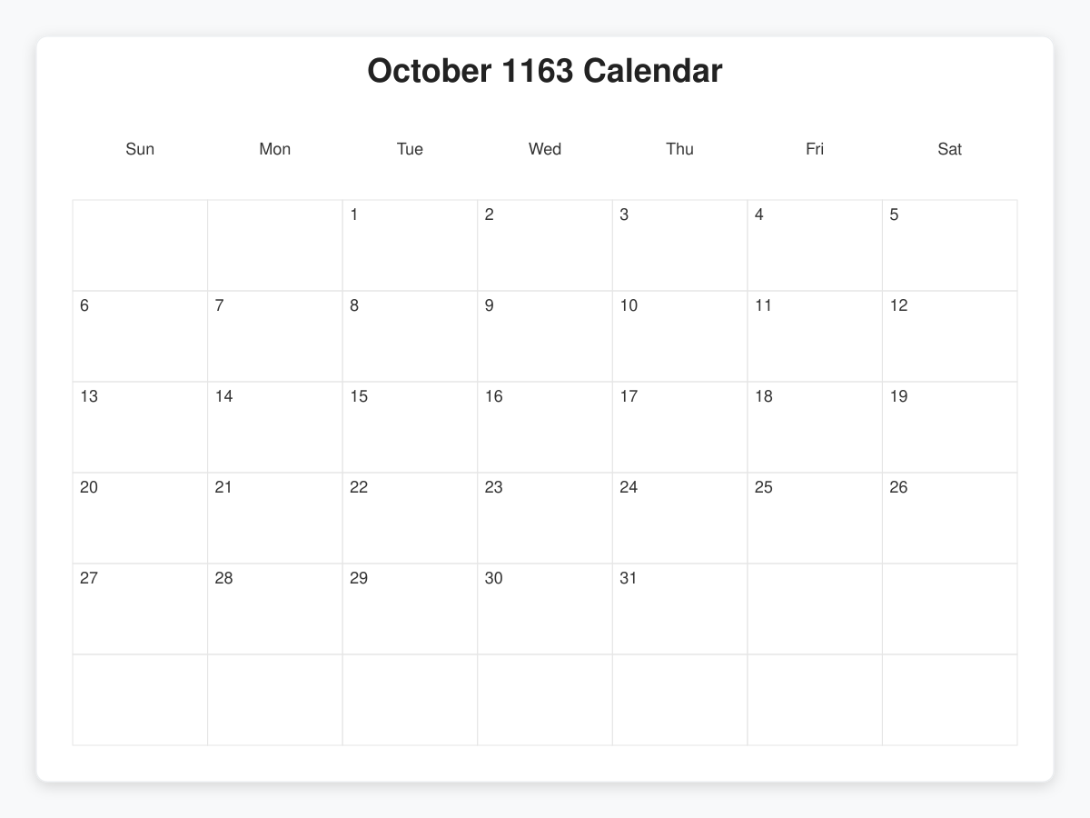Printable October 1163 Calendars