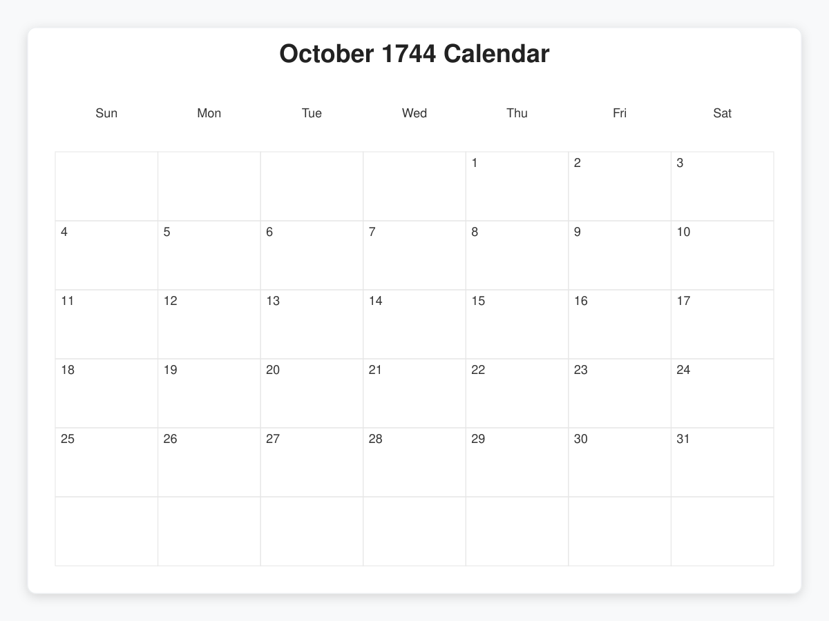 Printable October 1744 Calendars
