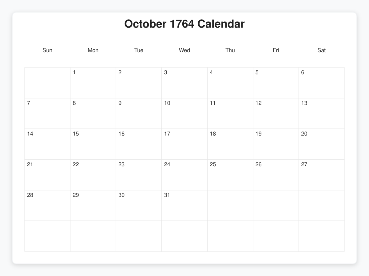 Printable October 1764 Calendars