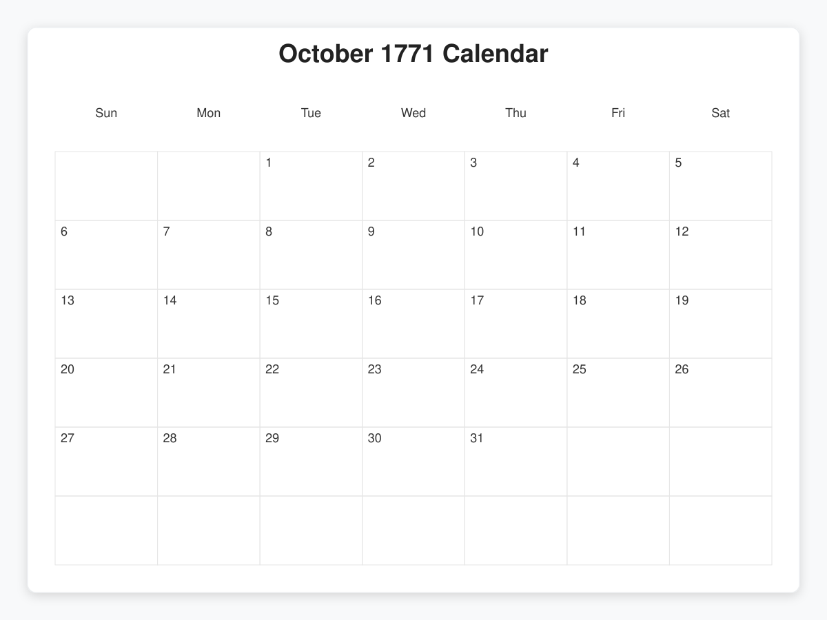 Printable October 1771 Calendars