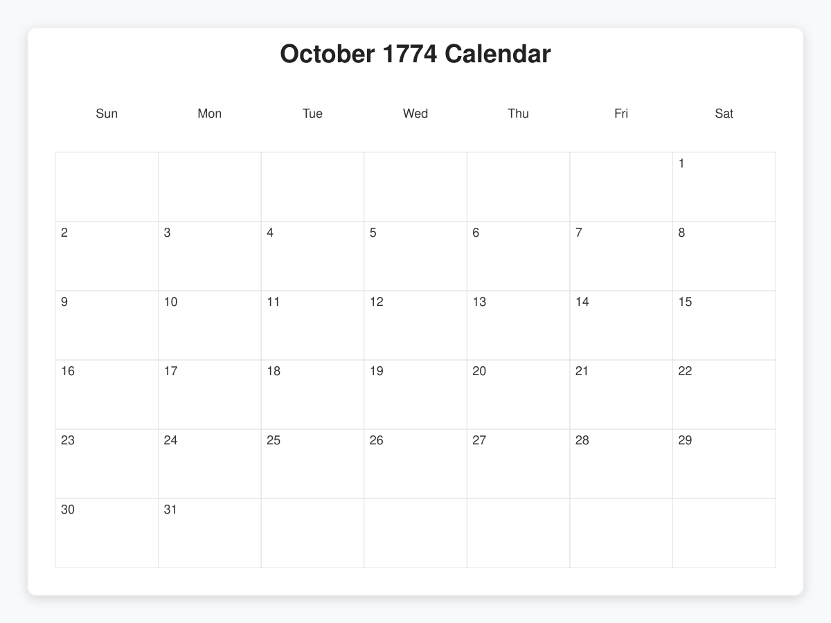 Printable October 1774 Calendars