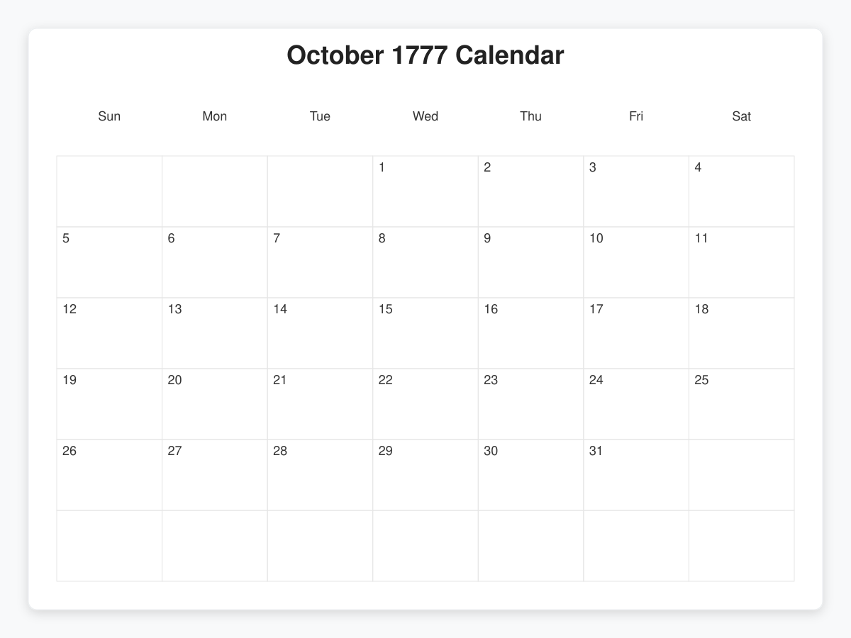 Printable October 1777 Calendars