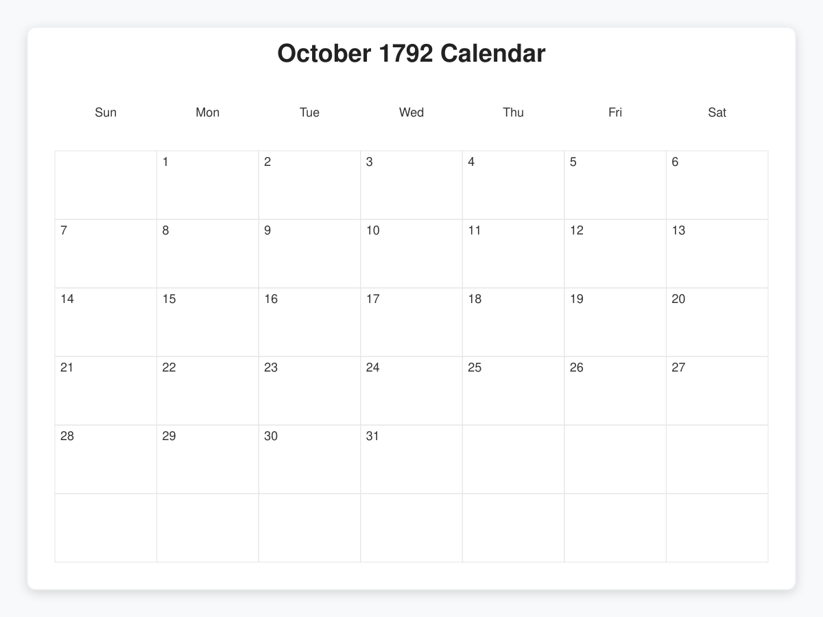 Printable October 1792 Calendars