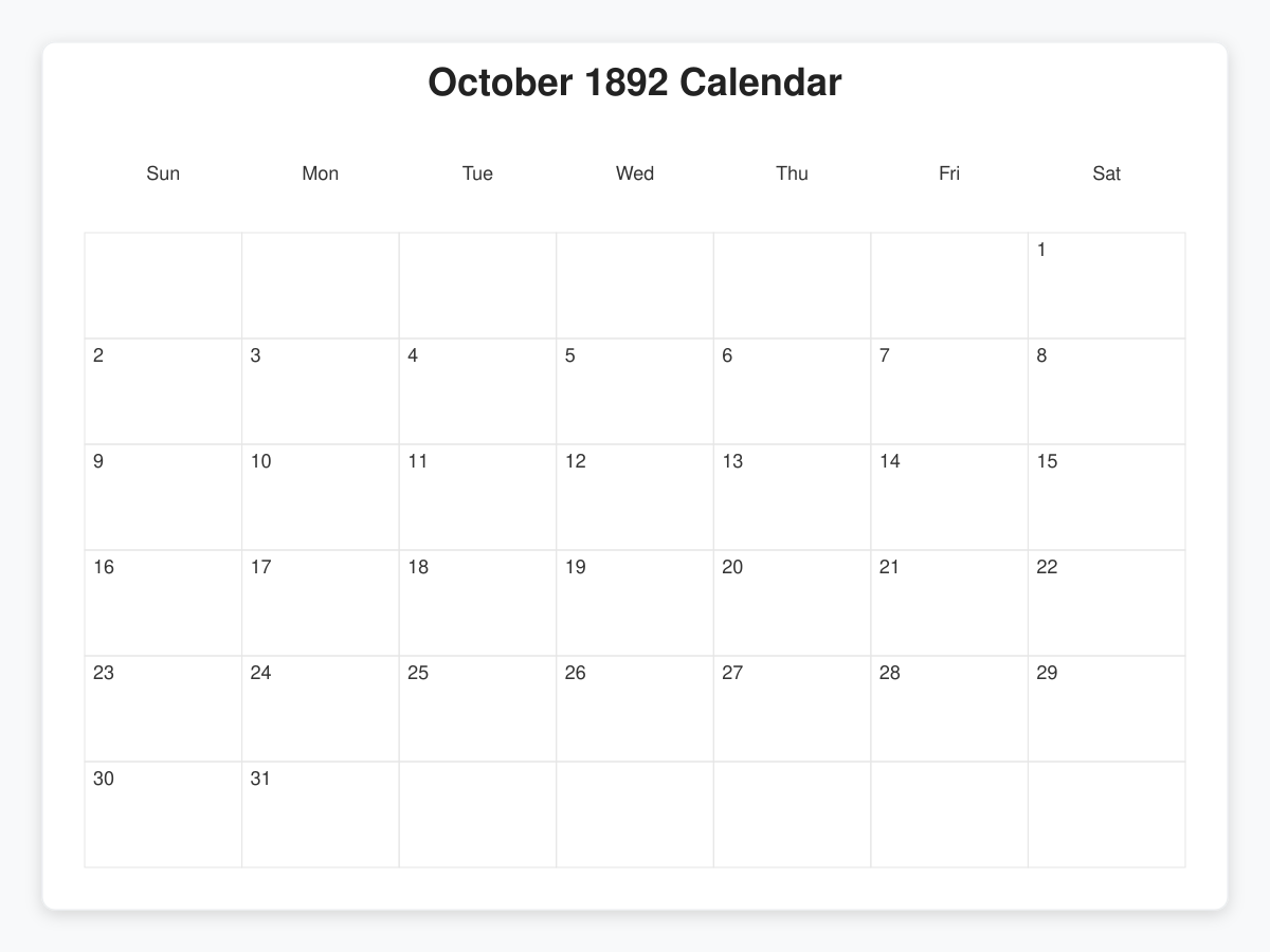 Printable October 1892 Calendars