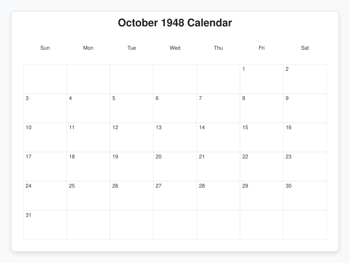 Printable October 1948 Calendars