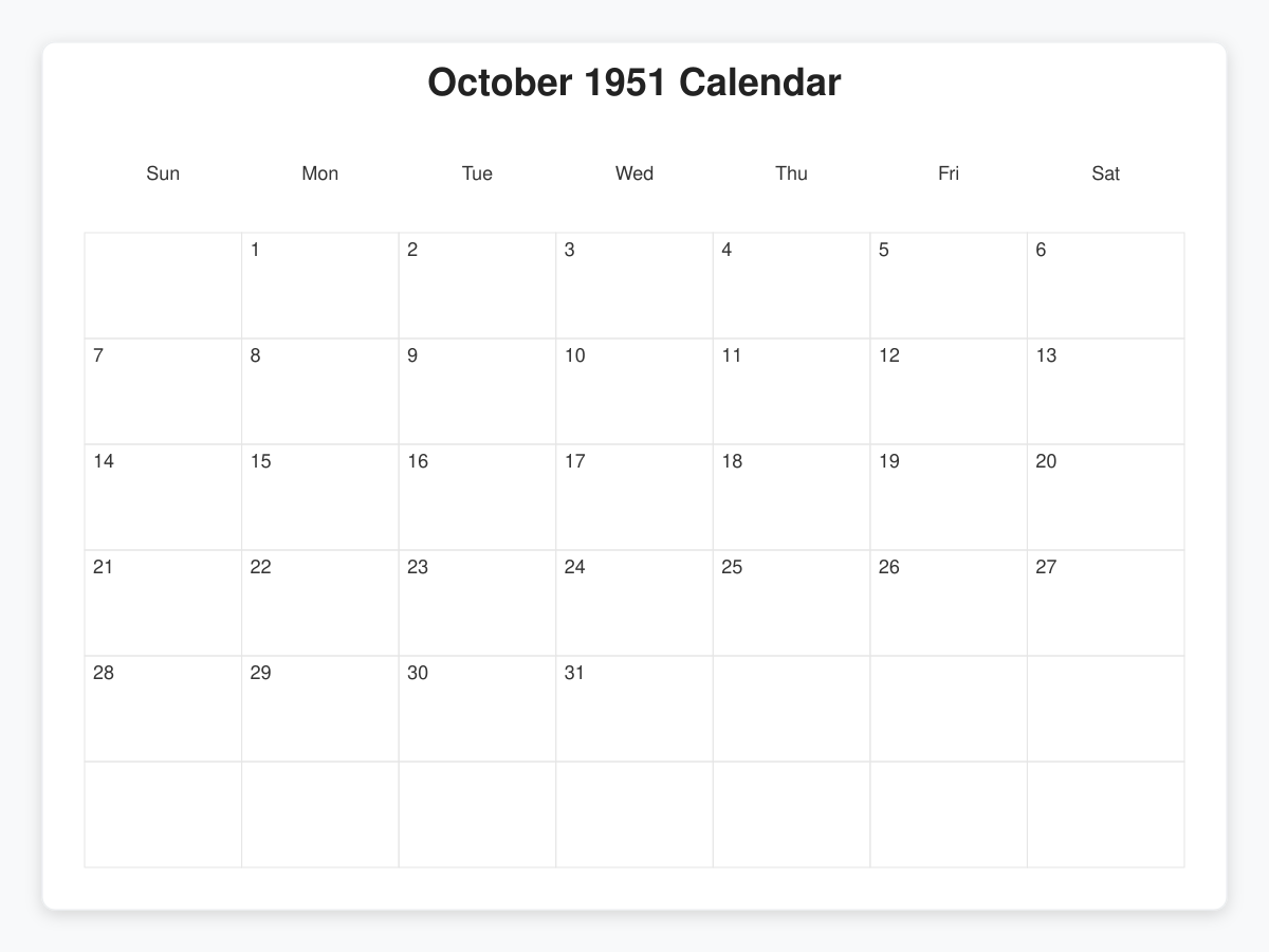 Printable October 1951 Calendars