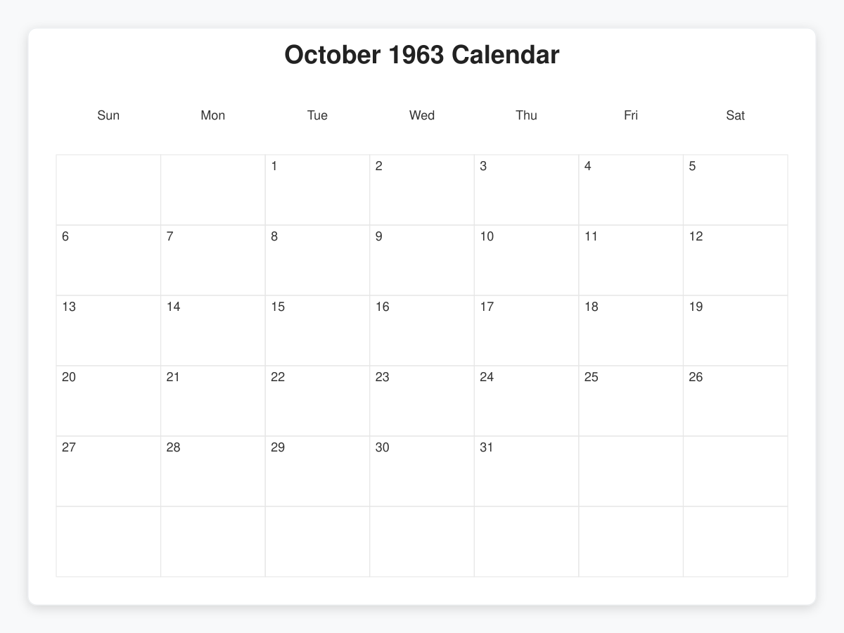 Printable October 1963 Calendars