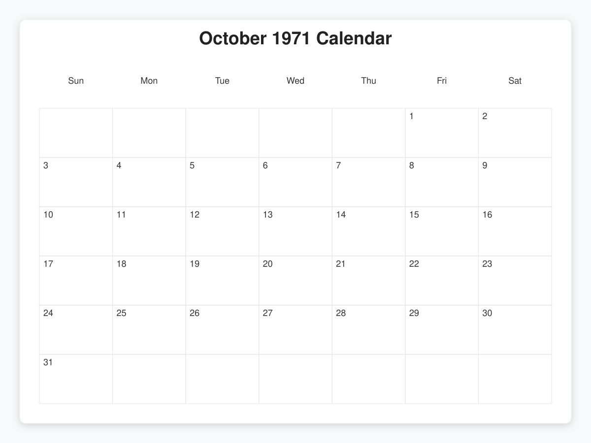 Printable October 1971 Calendars