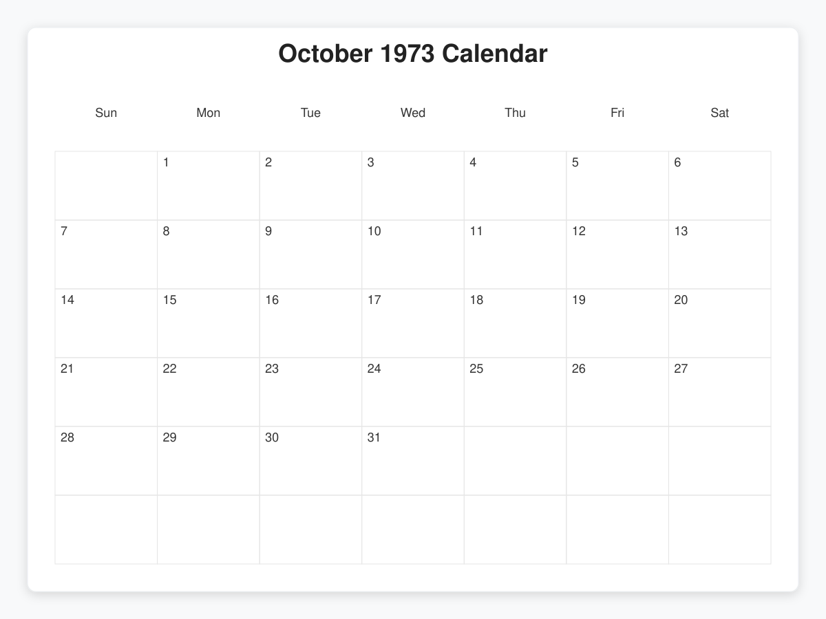 Printable October 1973 Calendars