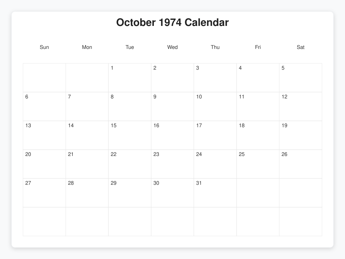 Printable October 1974 Calendars
