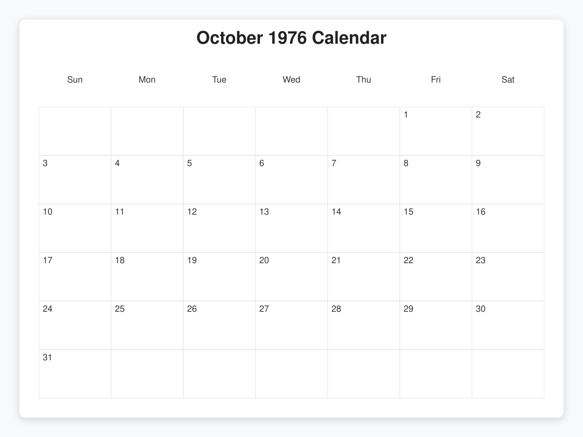 Printable October 1976 Calendars