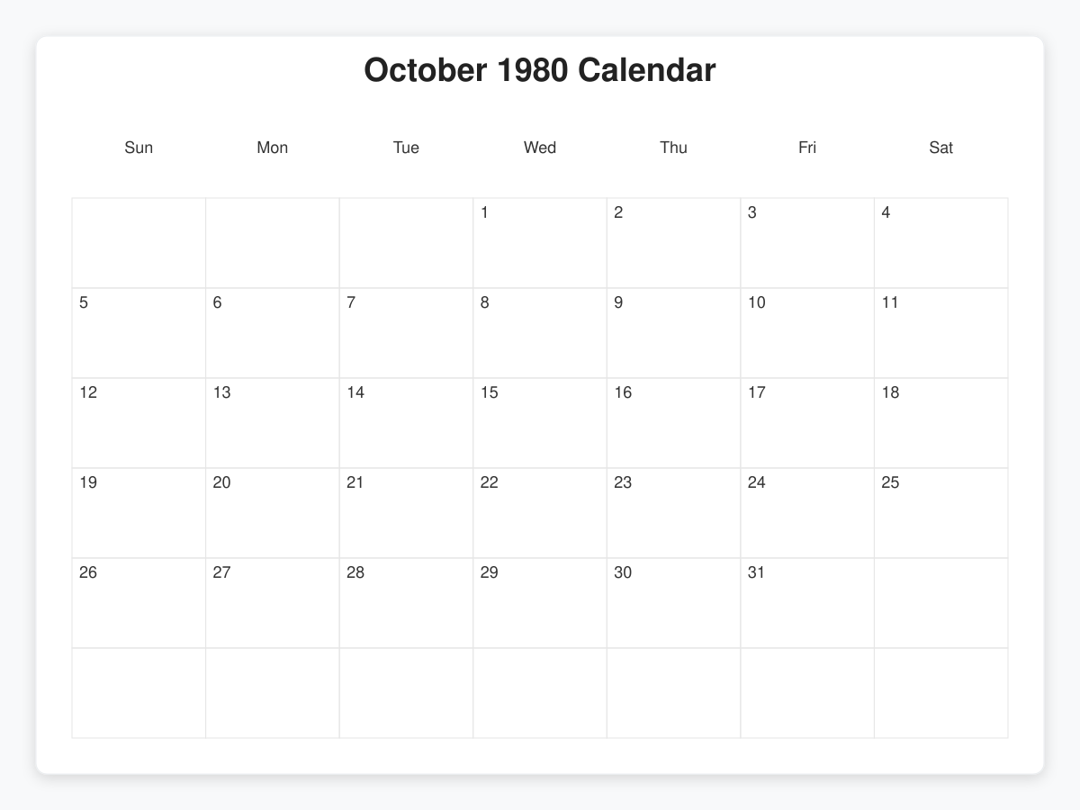 Printable October 1980 Calendars