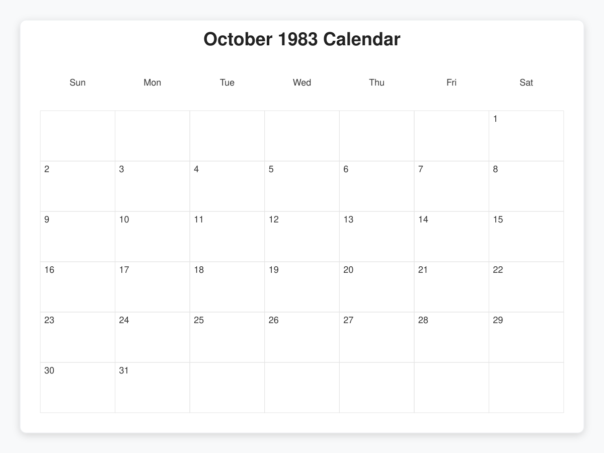 Printable October 1983 Calendars