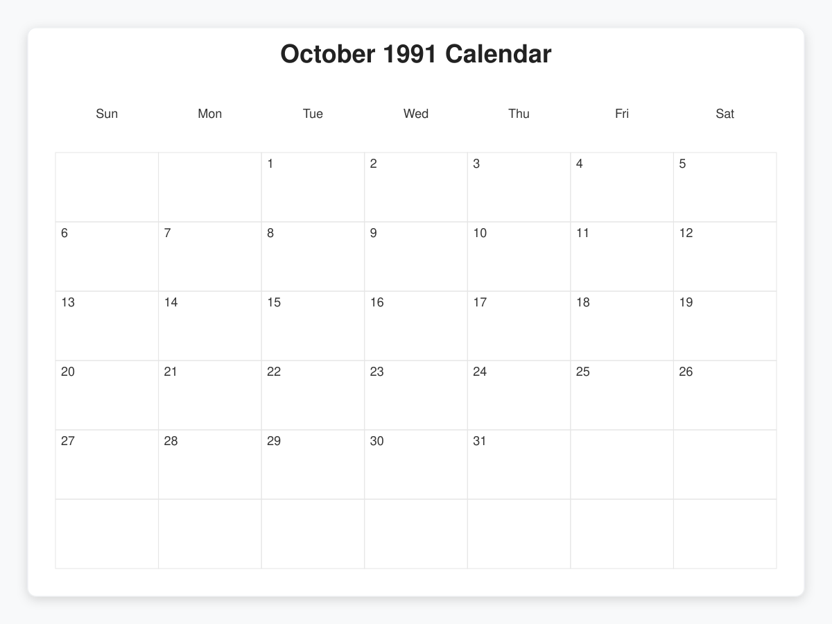 Printable October 1991 Calendars