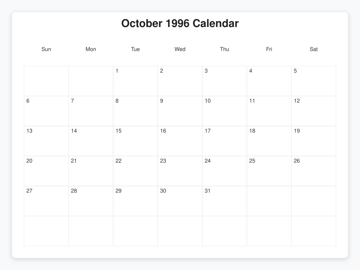 Printable October 1996 Calendars