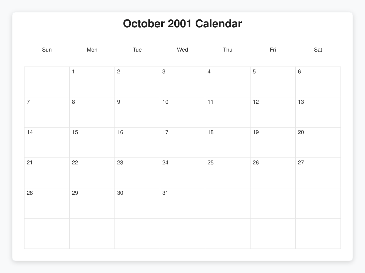 Printable October 2001 Calendars