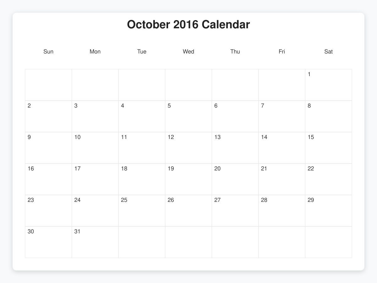 Printable October 2016 Calendars