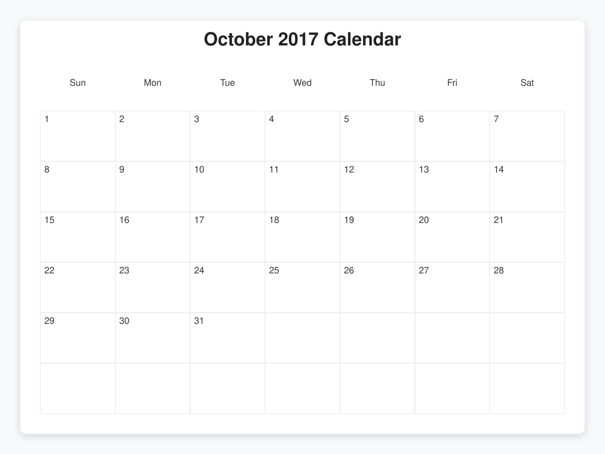 Printable October 2017 Calendars
