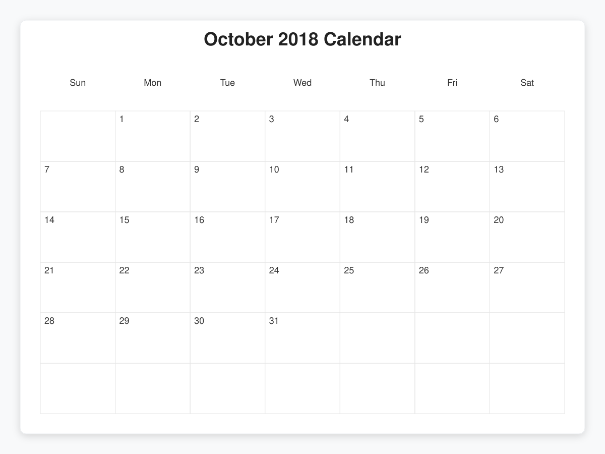 Printable October 2018 Calendars