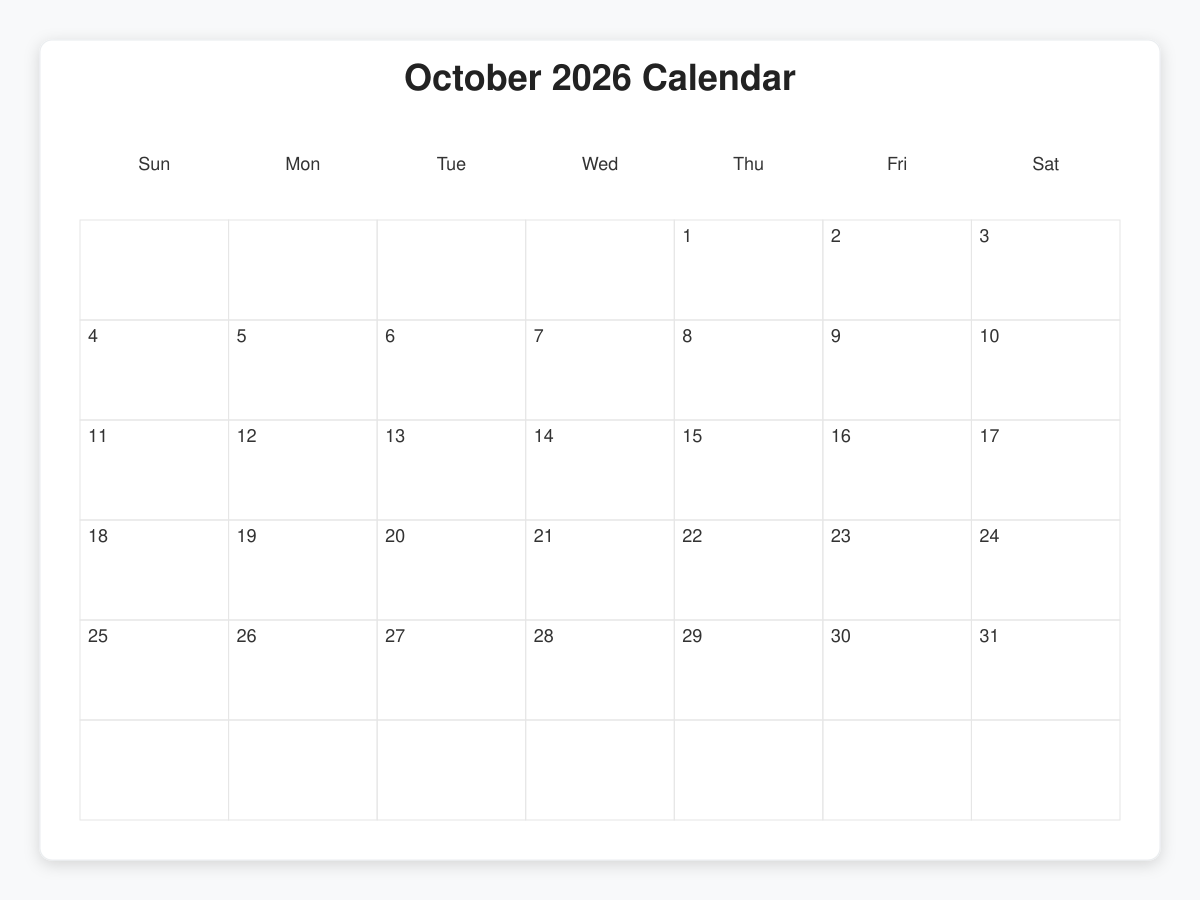 Printable October 2026 Calendars