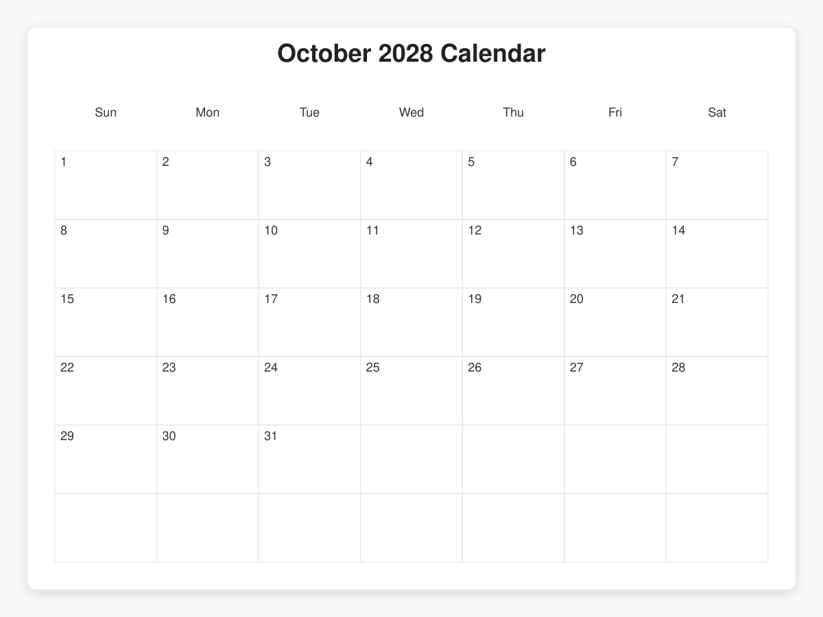 Printable October 2028 Calendars
