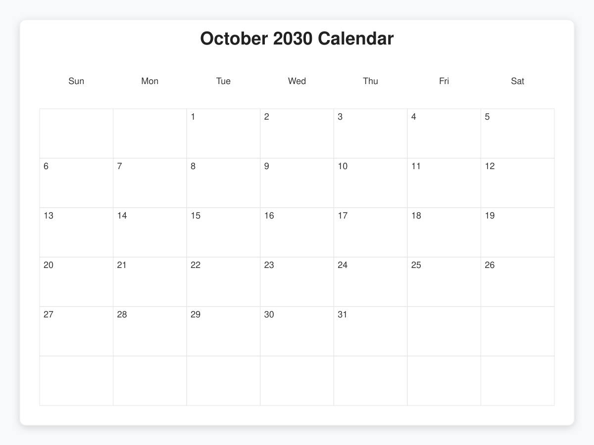 Printable October 2030 Calendars