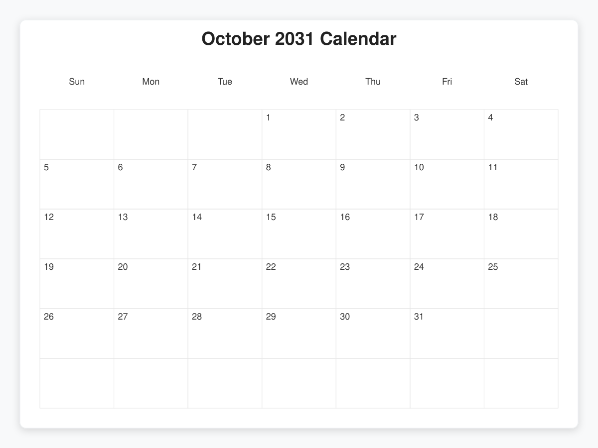 Printable October 2031 Calendars