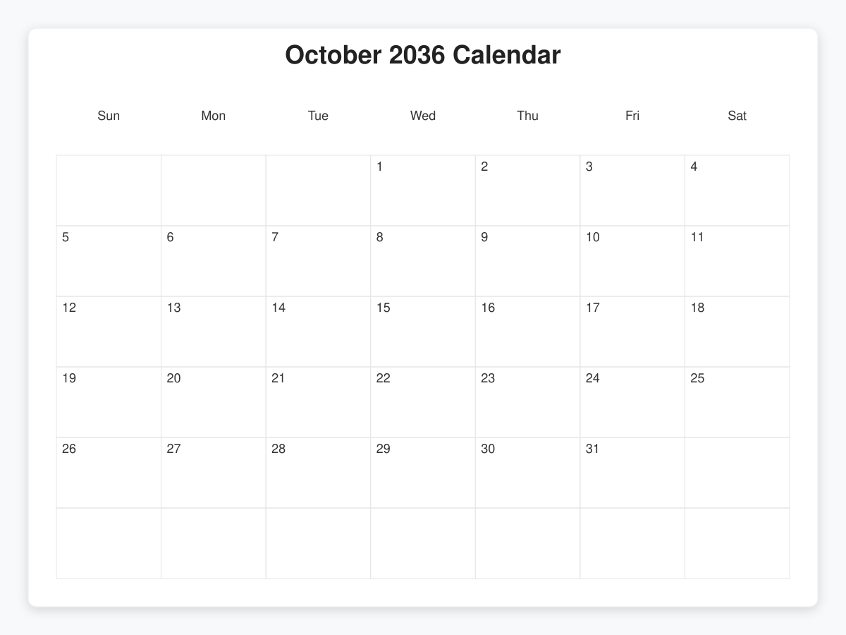 Printable October 2036 Calendars