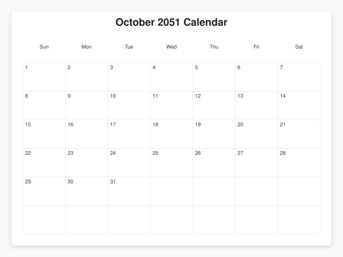 Printable October 2051 Calendars