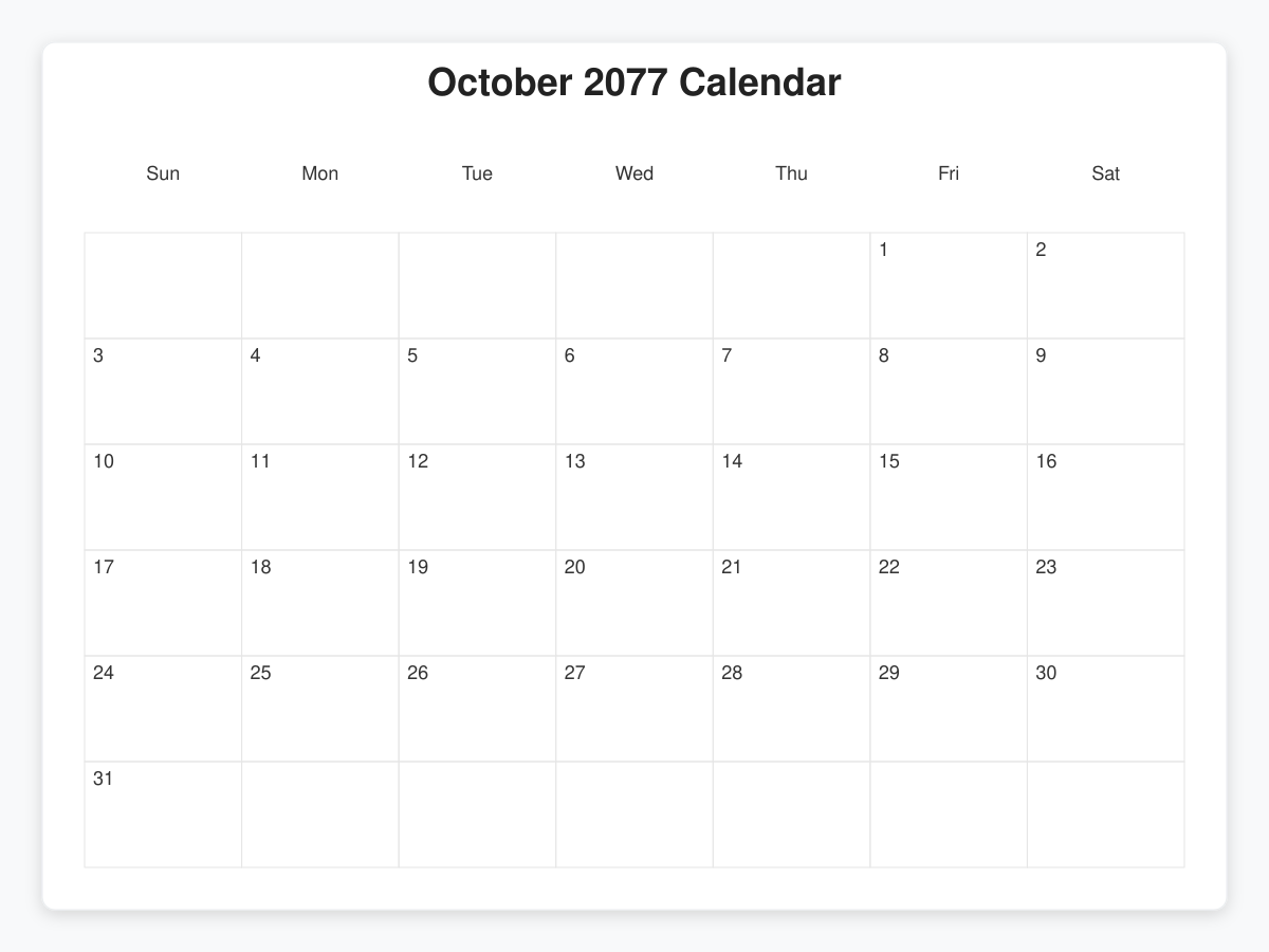 Printable October 2077 Calendars