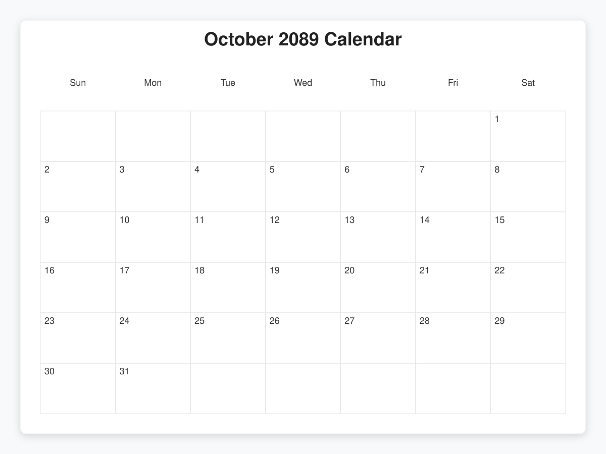 Printable October 2089 Calendars