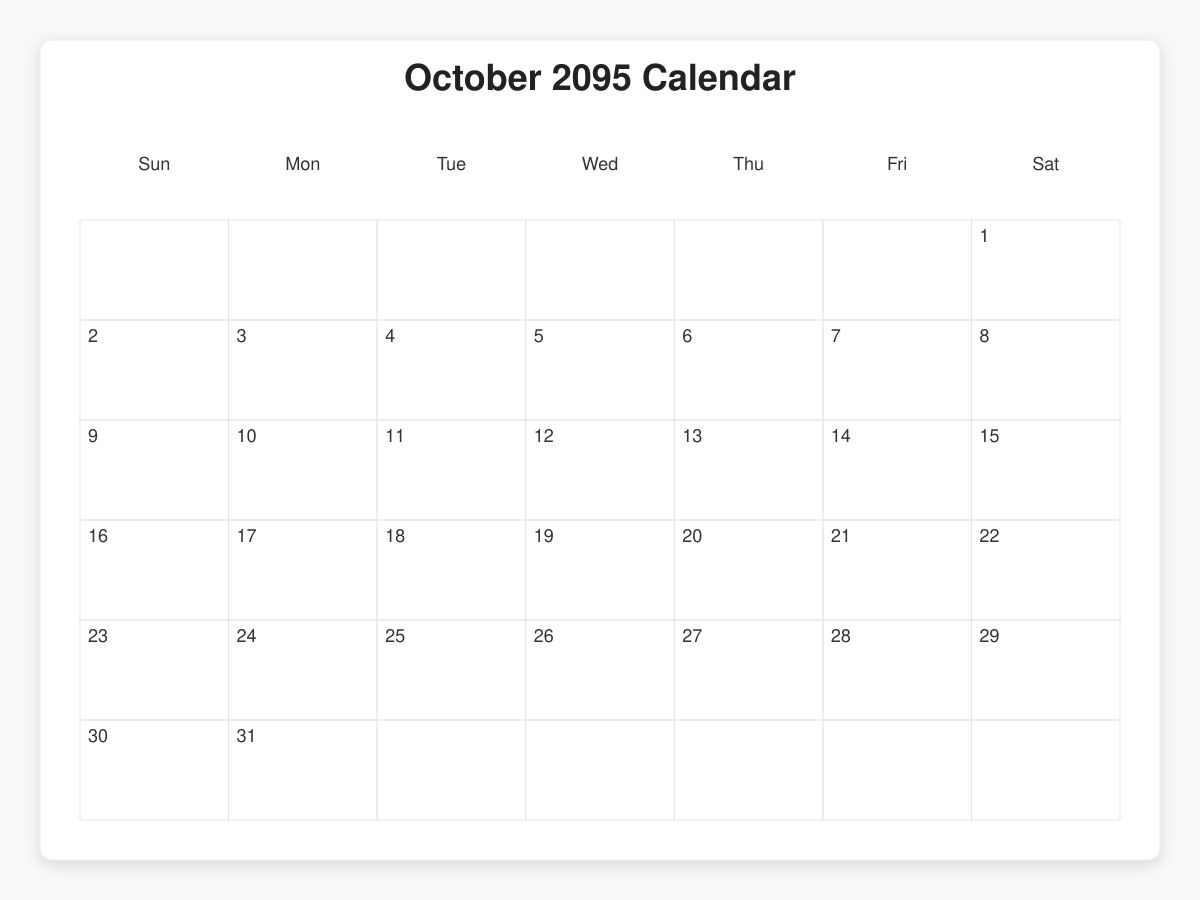 Printable October 2095 Calendars