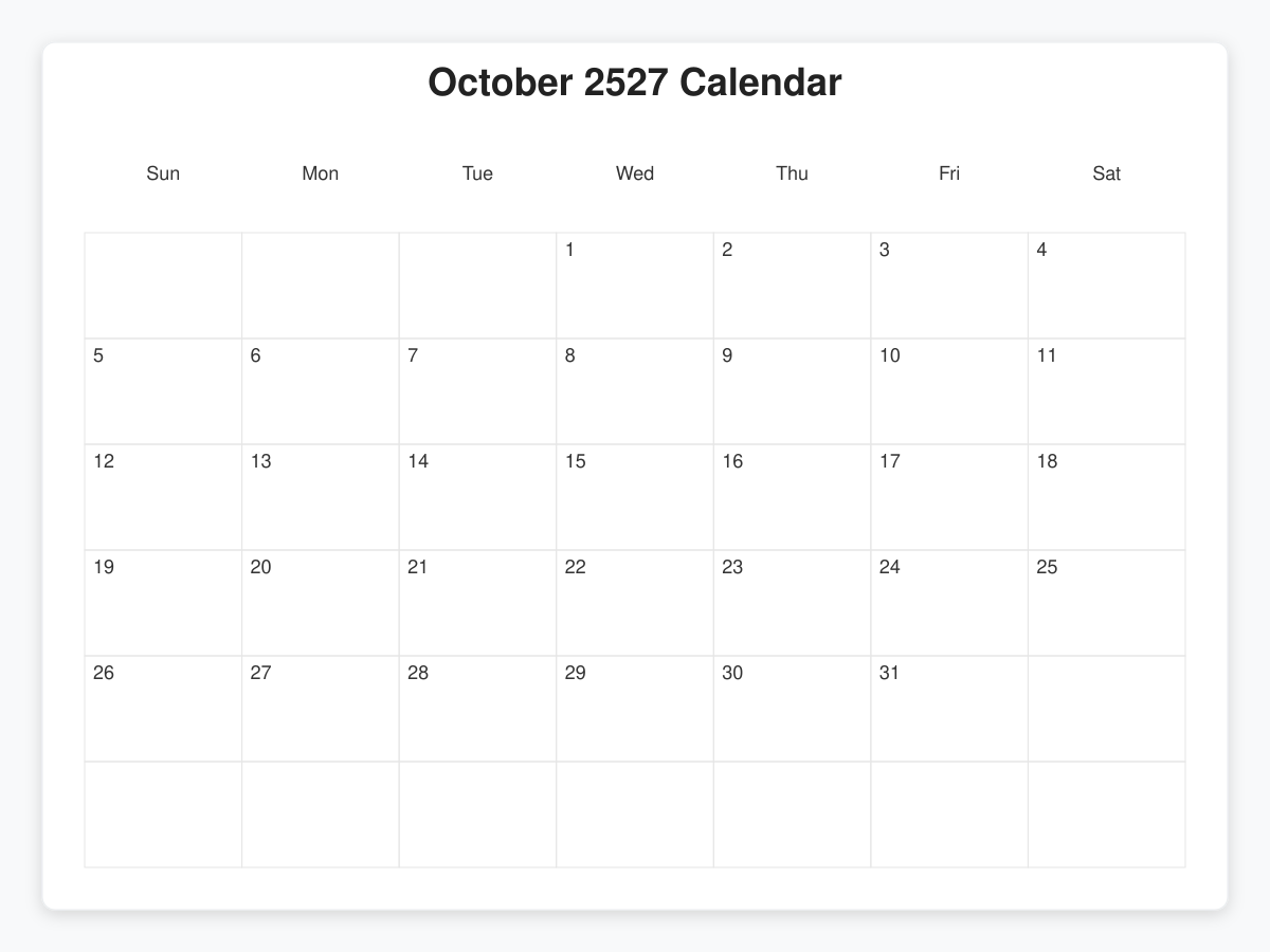 Printable October 2527 Calendars