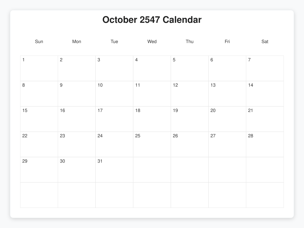 Printable October 2547 Calendars