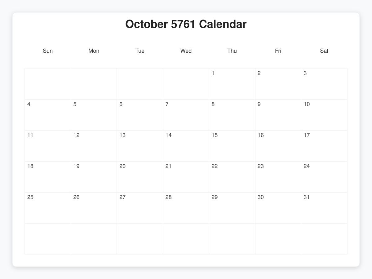 Printable October 5761 Calendars