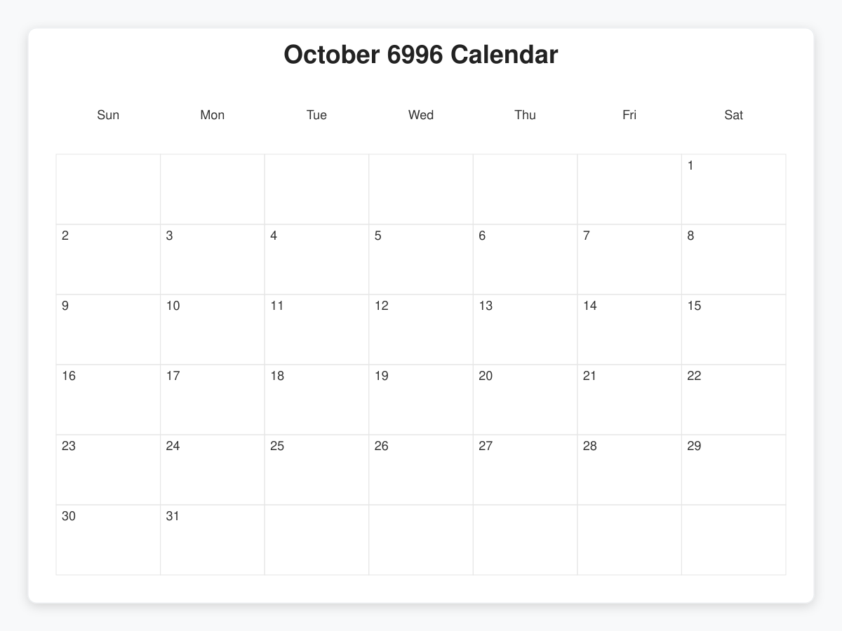 Printable October 6996 Calendars
