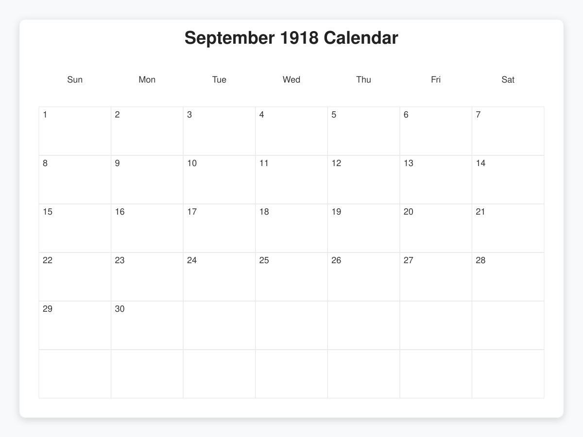 Printable September 1918 Calendars