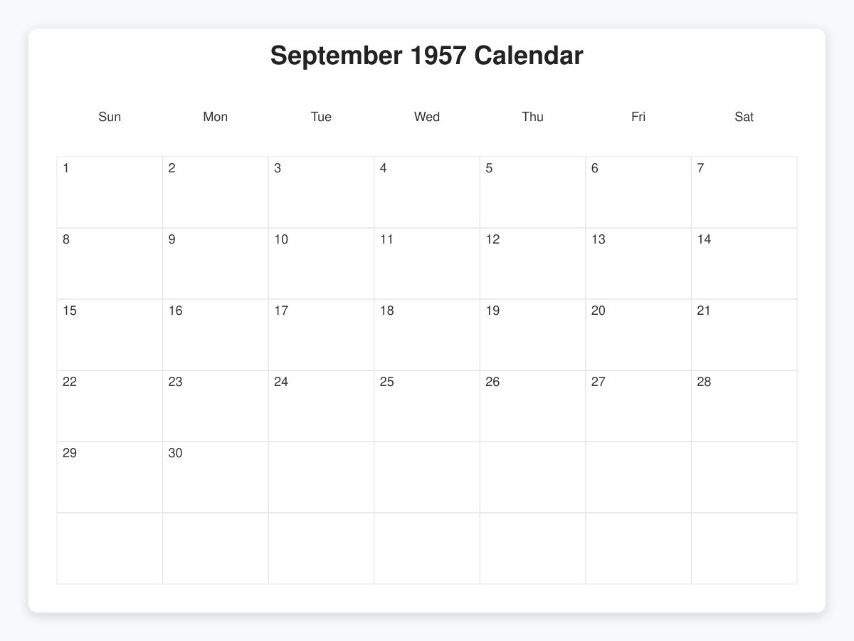 Printable September 1957 Calendars