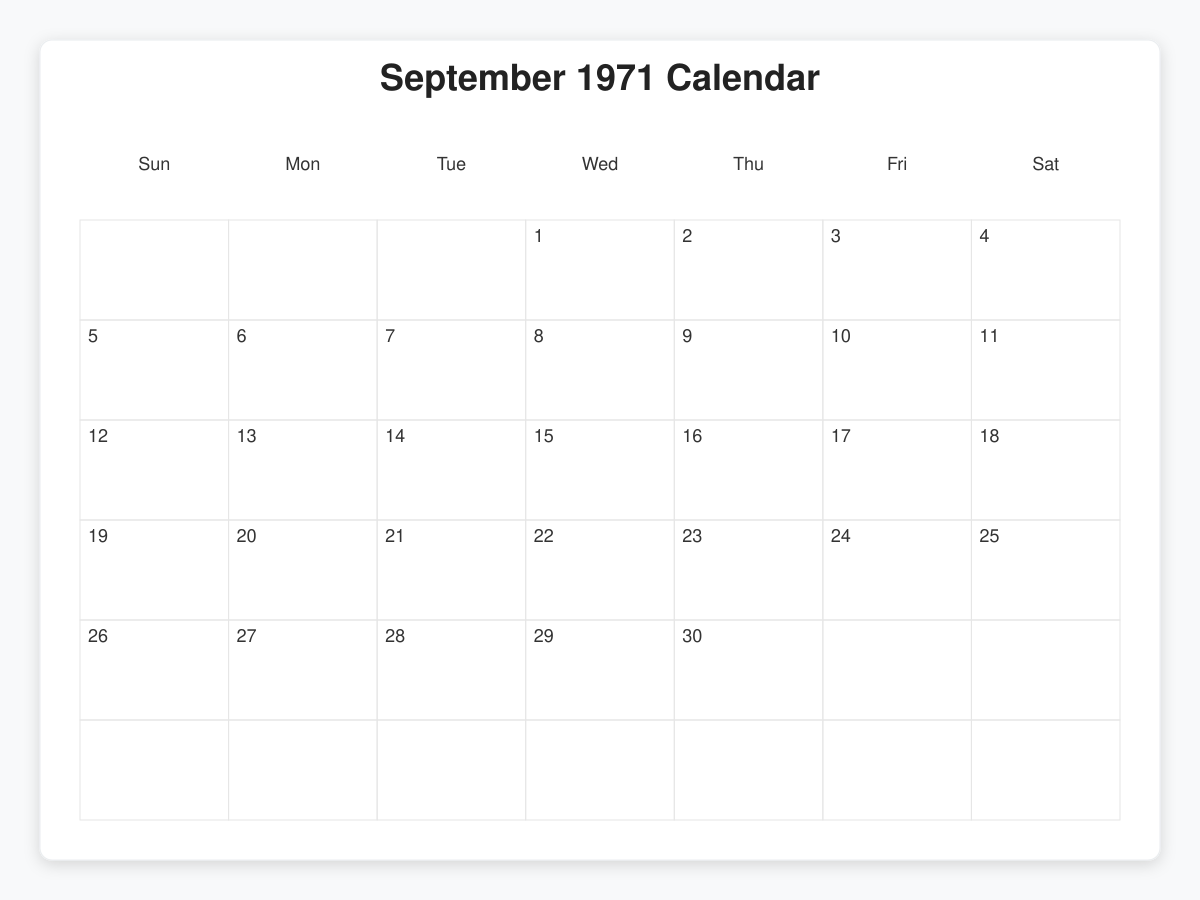 Printable September 1971 Calendars