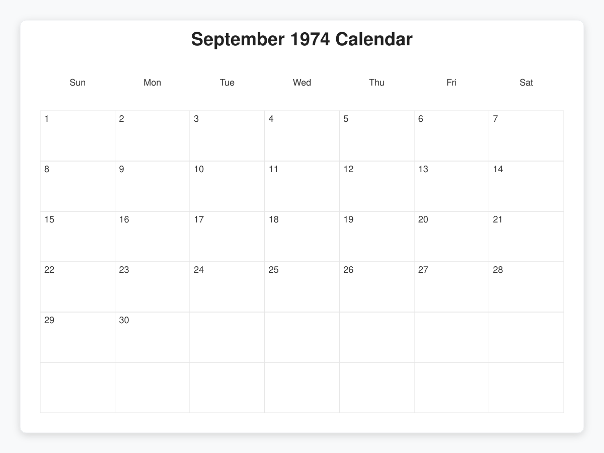Printable September 1974 Calendars