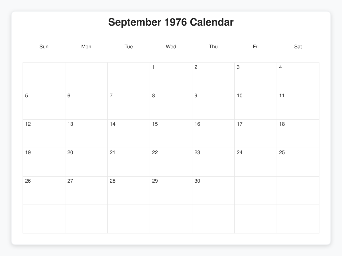 Printable September 1976 Calendars