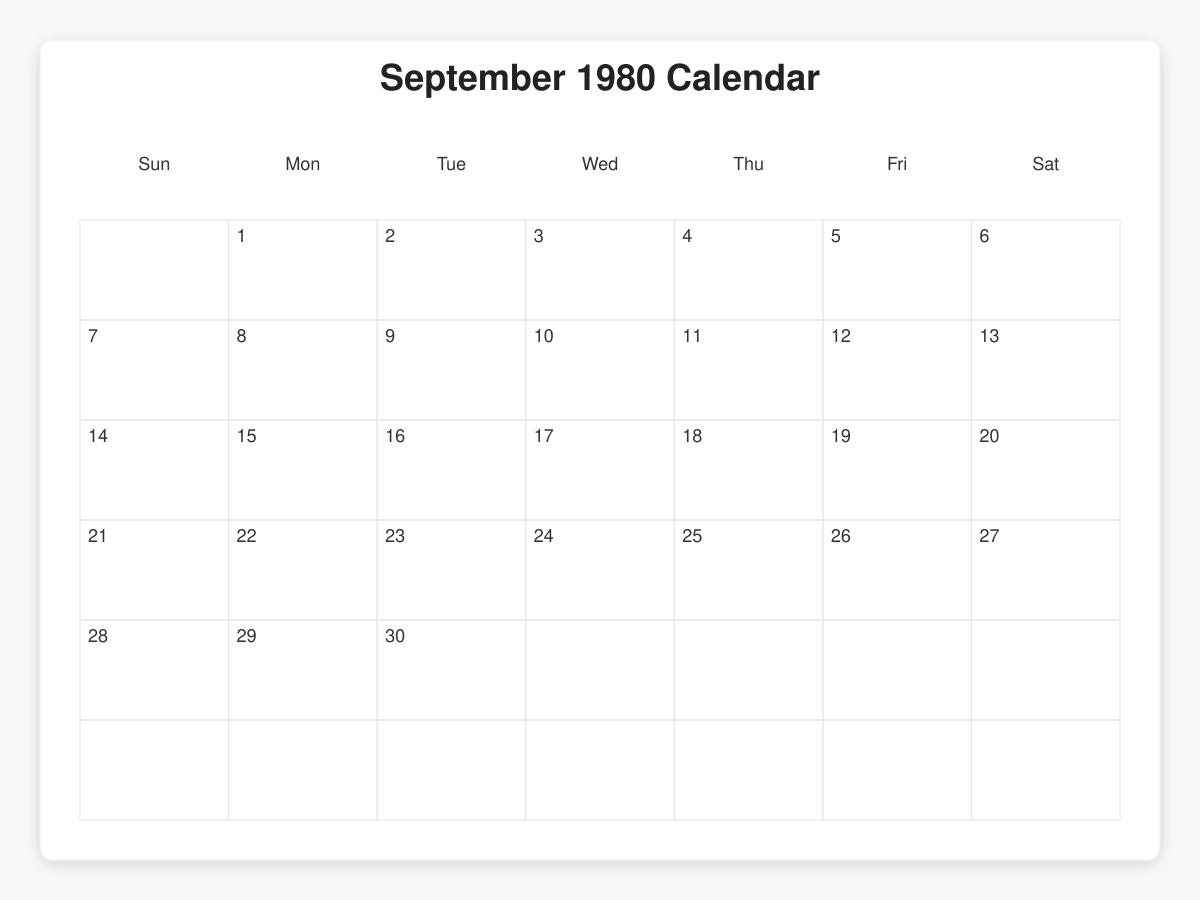 Printable September 1980 Calendars