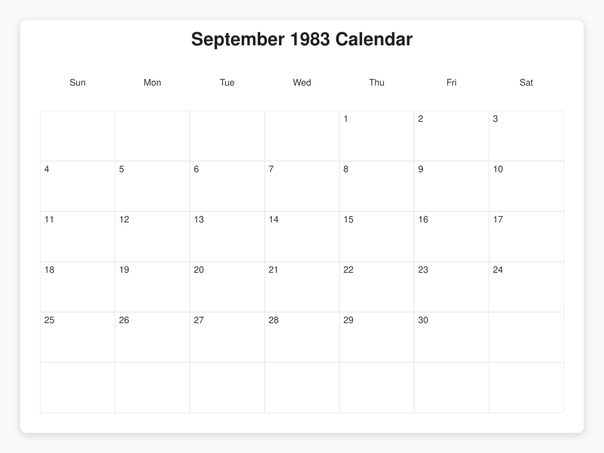 Printable September 1983 Calendars